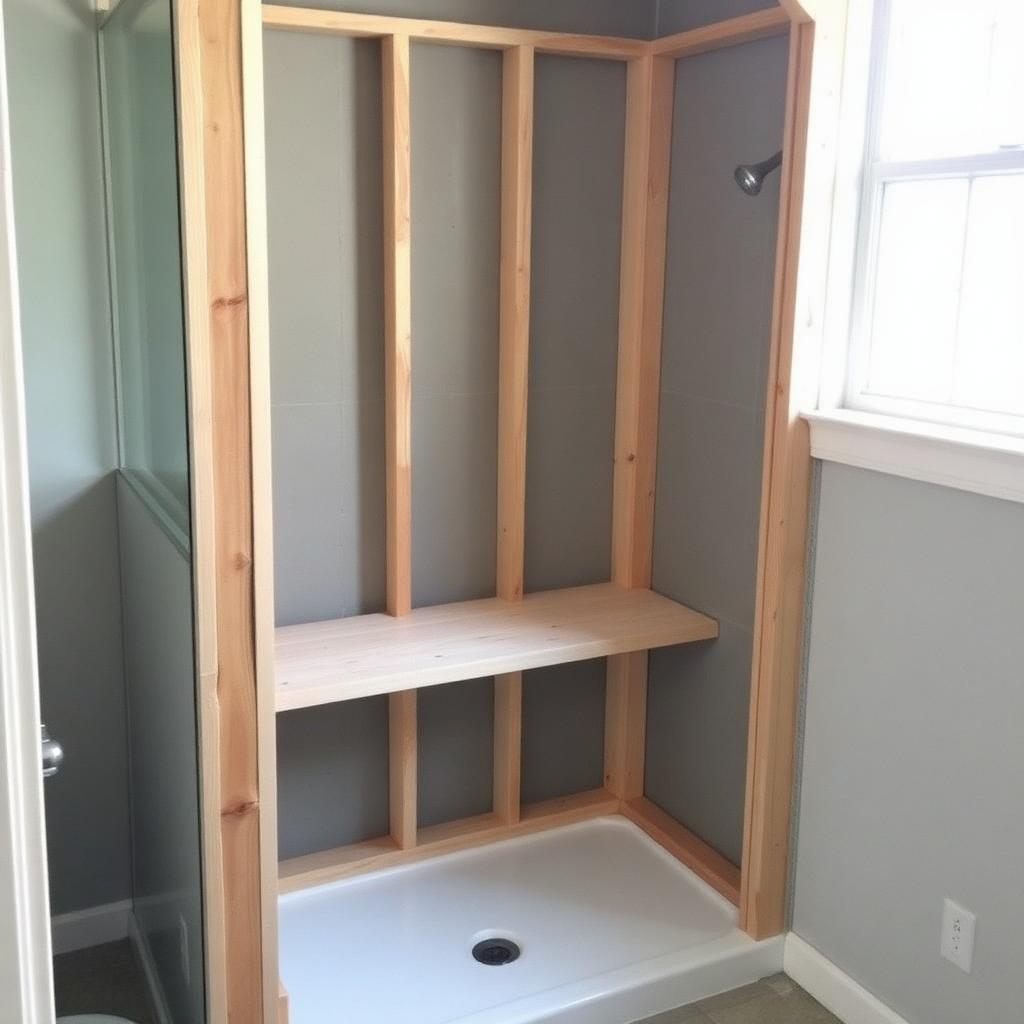 Before: shower framing with rough wood bench blocking and no waterproofing