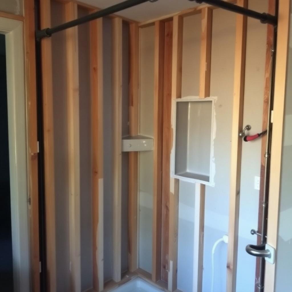 Before: shower wall opened to studs with rough niche framing and plumbing