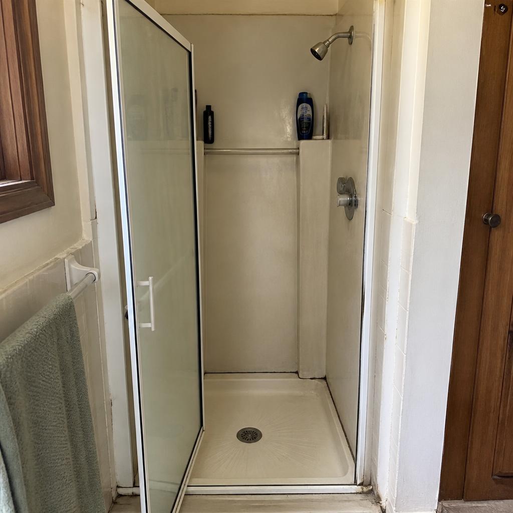 Before: dated fiberglass shower stall with framed glass door