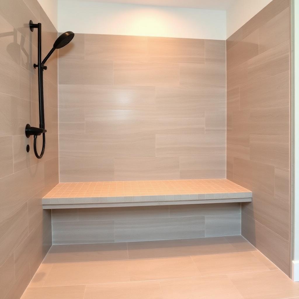 After: finished floating tile-wrapped shower bench with stone cap