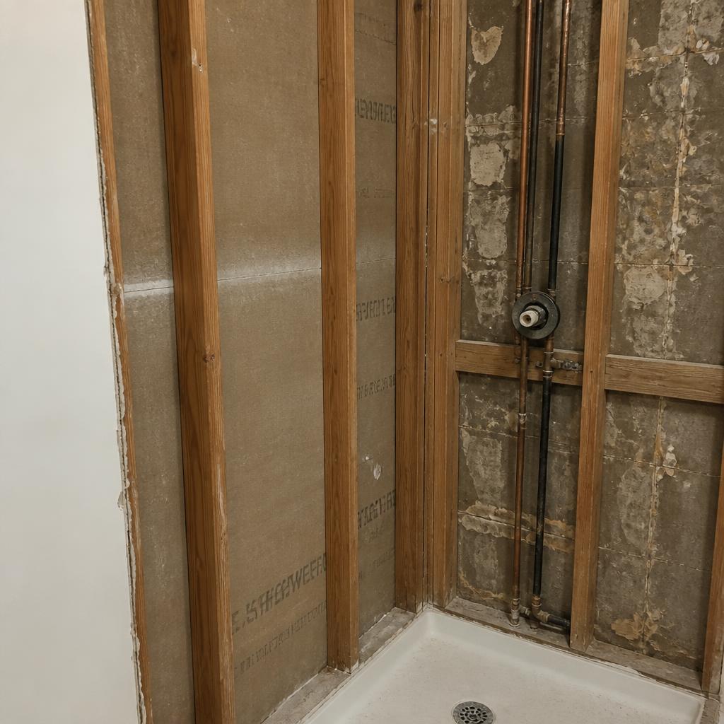 Before: shower walls stripped to studs and old cement board