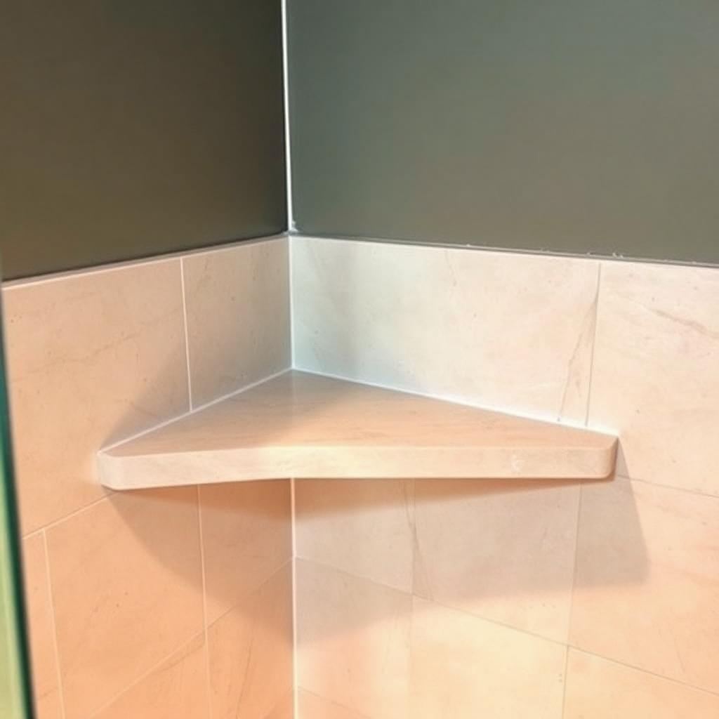 After: solid stone triangular corner shelf built into a finished tile shower