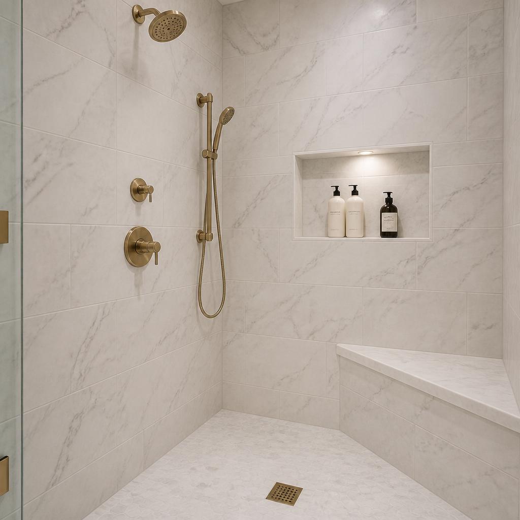 After: marble-look tile shower with brass fixtures, niche, and bench