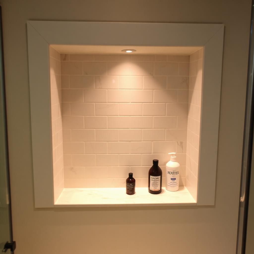 After: finished recessed marble tile niche with sloped sill and mitered edges