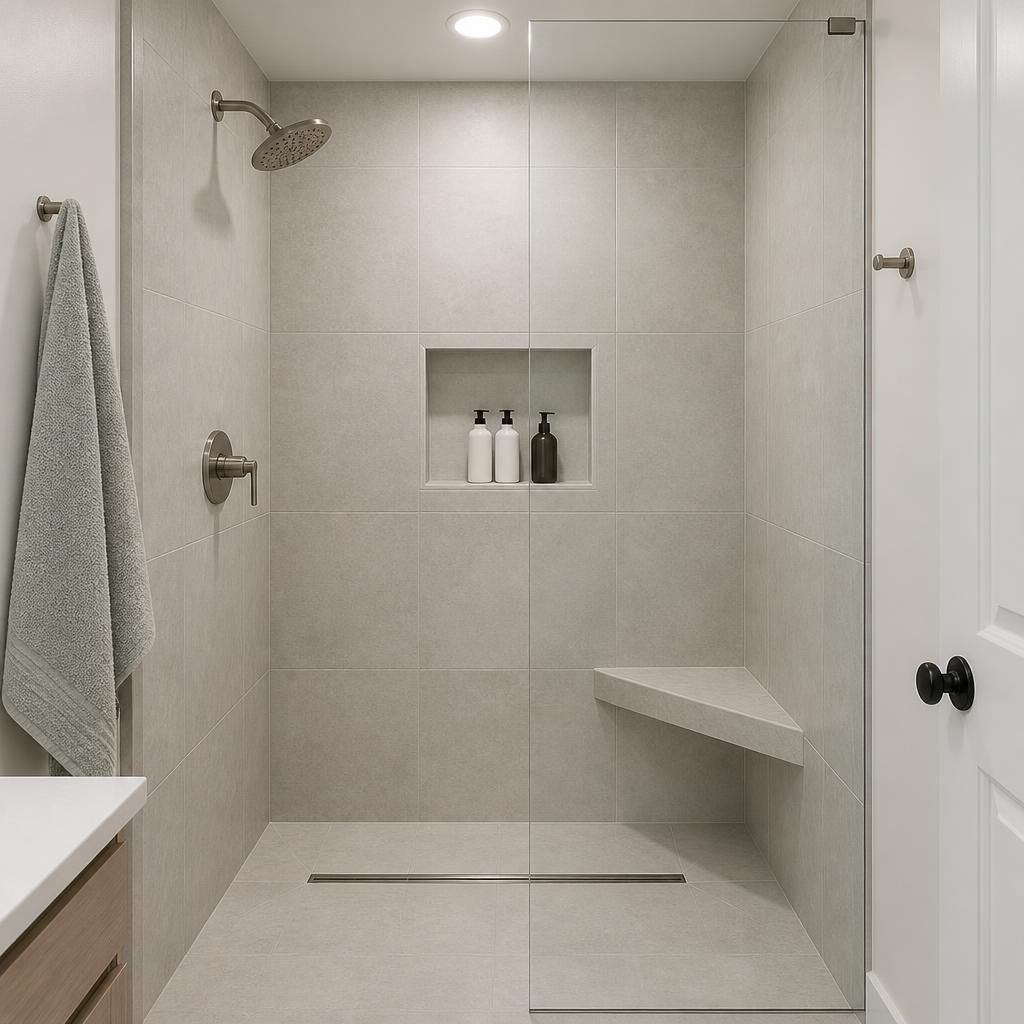 After: modern walk-in shower with large-format tile, niche, and bench