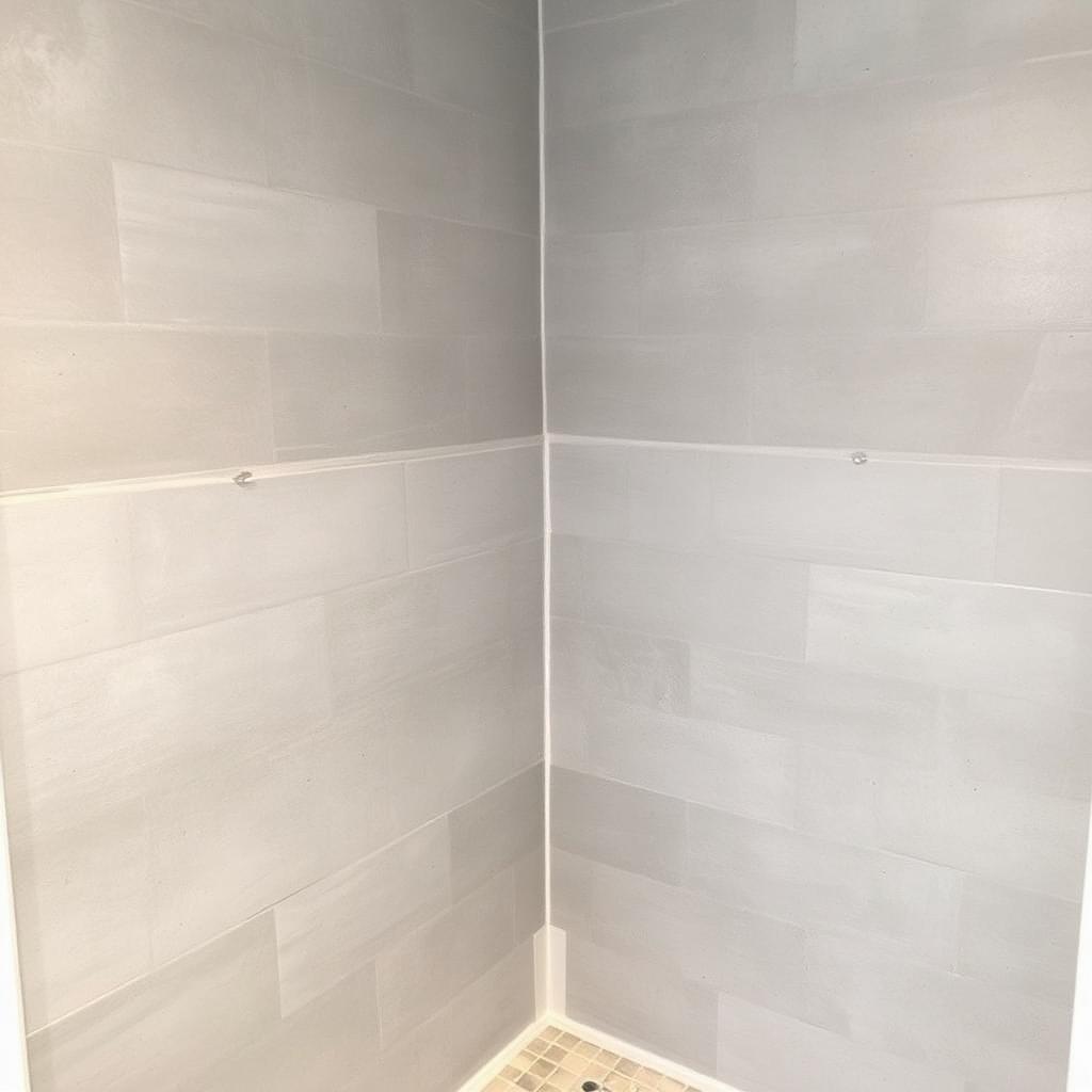 Before: shower walls with plain gray cement board and exposed seams