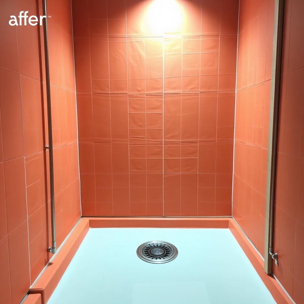 After: Schluter KERDI orange waterproofing membrane fully installed on walls, curb, and floor