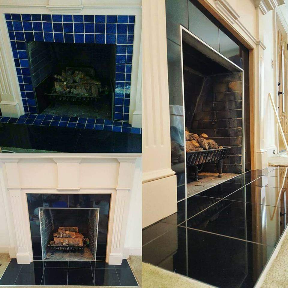 Fireplace surround and hearth before and after: dated blue tile replaced with polished black tile and a metal edge around the firebox