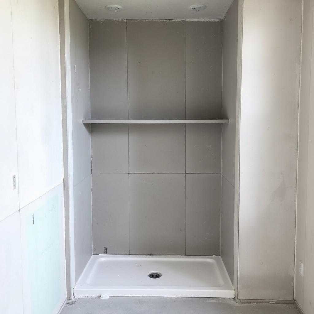 Before: empty shower corner with blank cement board walls, no shelf